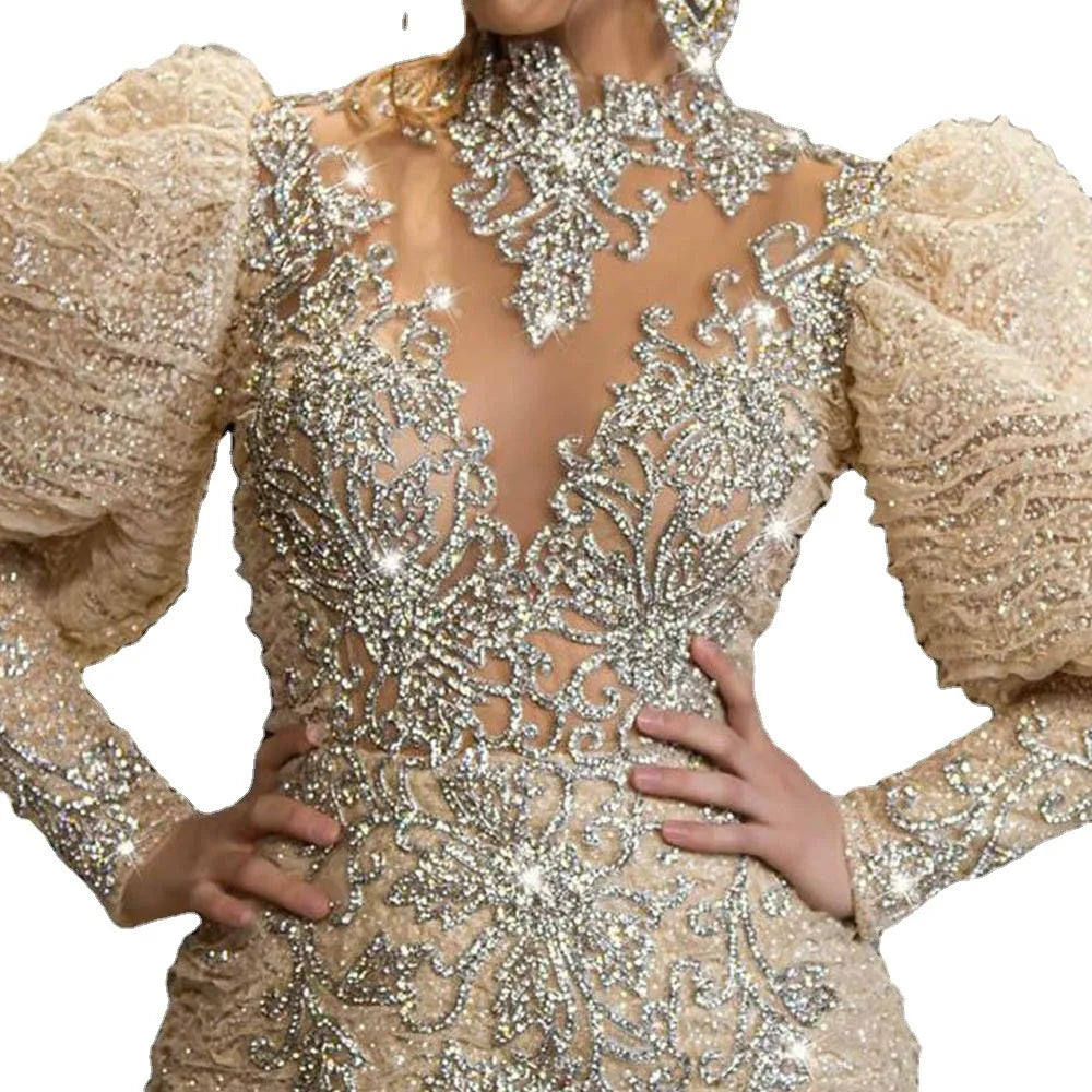 Flora V-neck feather princess dress sprinkled gold