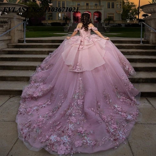 EVLAST 2024 Pink Quinceanera Dress Ball Gown Shiny 3D Floral Applique Beading Tiered Corset Sweet 16 Vestidos De XV 15 Anos SQ88