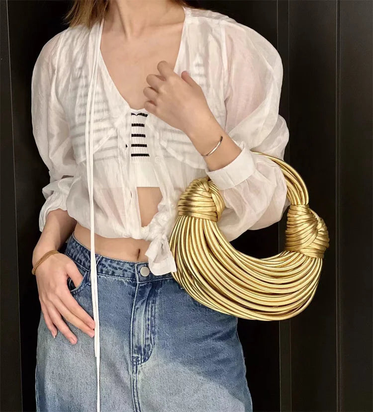 2024 New Gold Handbags for Women Luxury Designer Brand Handwoven Noodle Bags Rope Knotted Evening Clutch Underarm Dumpling Bag