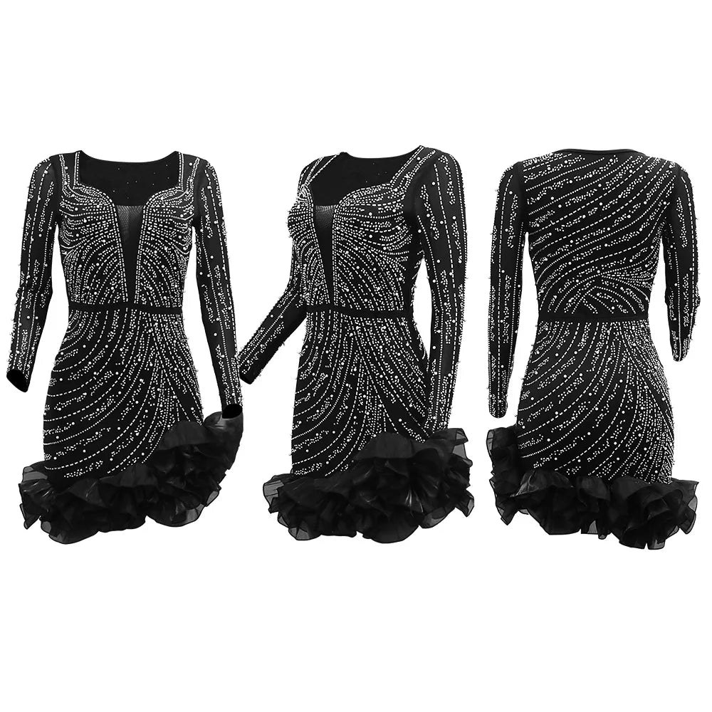 Women Dress Diamonds and  Ruffles Mini Dresses