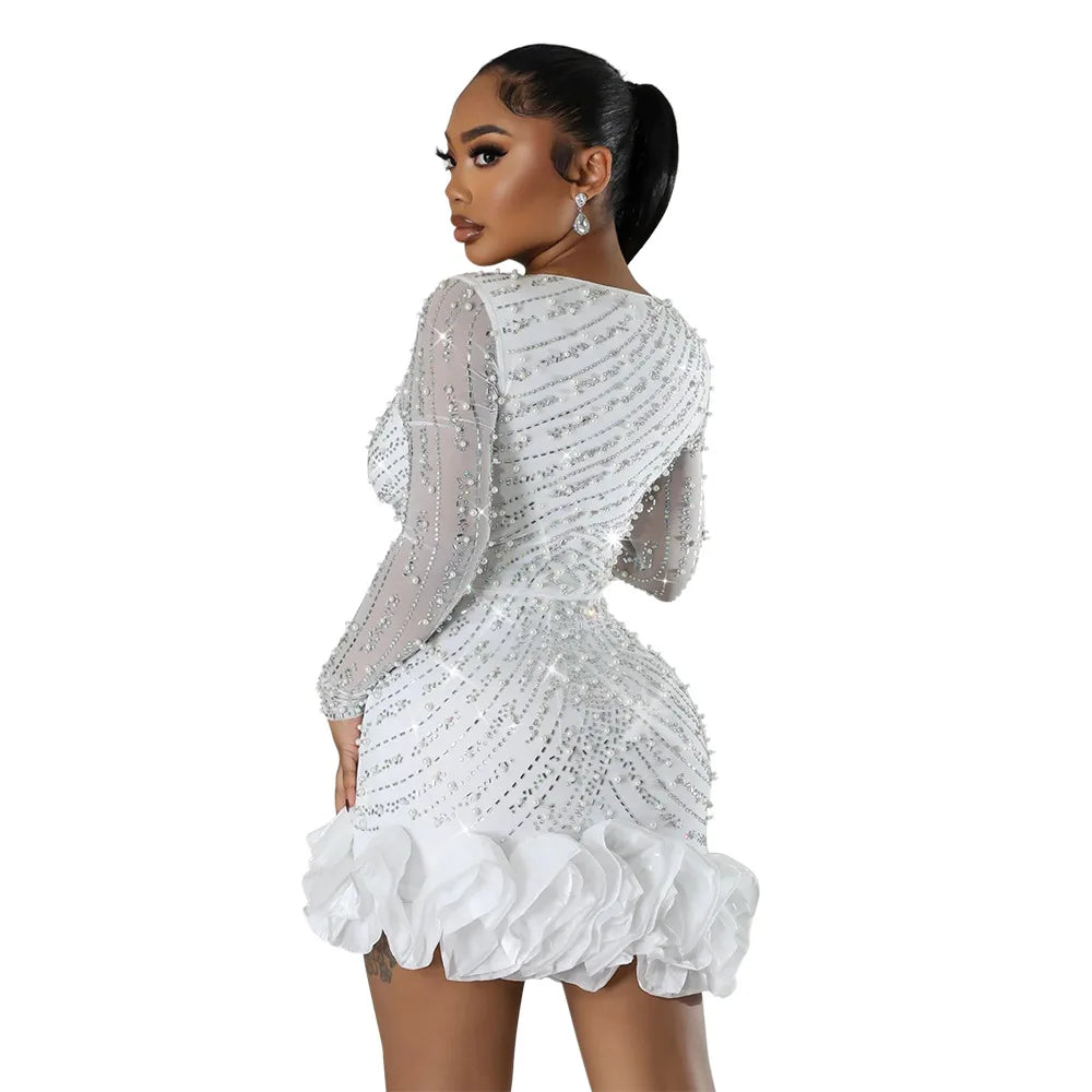 Women Dress Diamonds and  Ruffles Mini Dresses