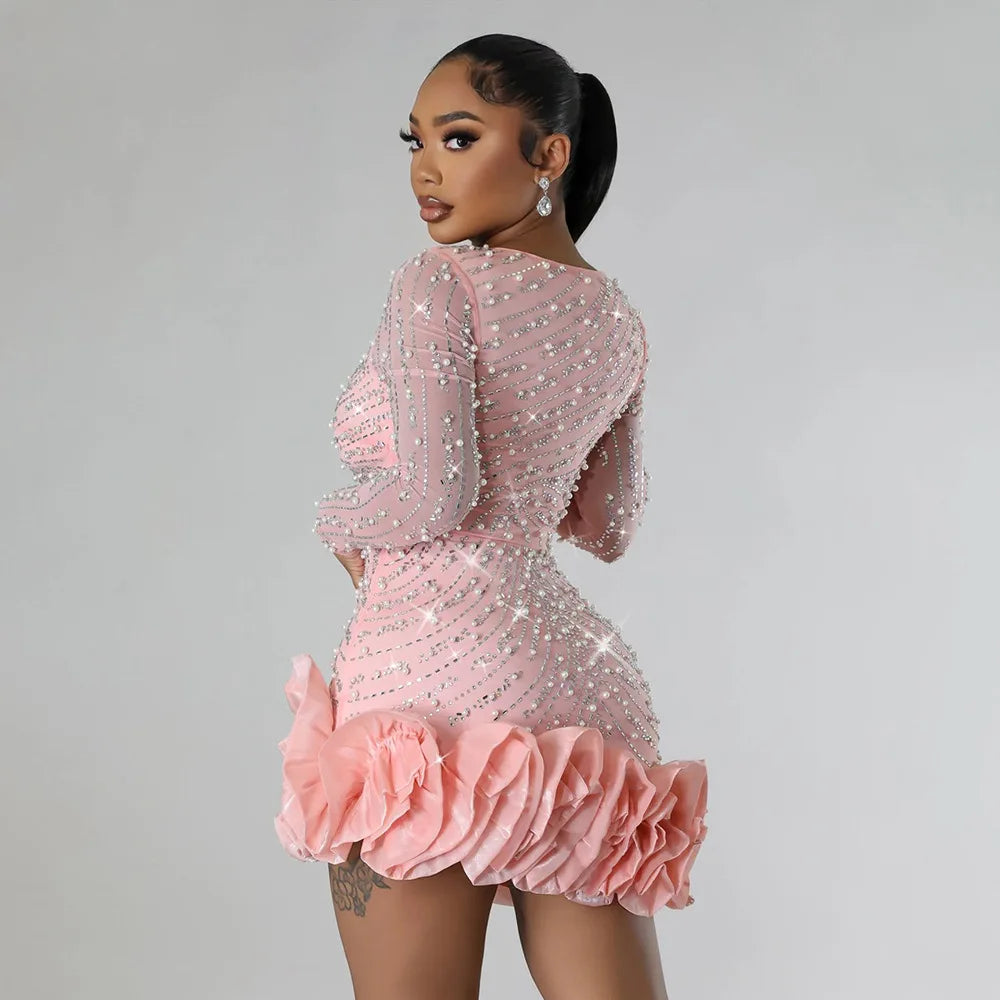 Women Dress Diamonds and  Ruffles Mini Dresses