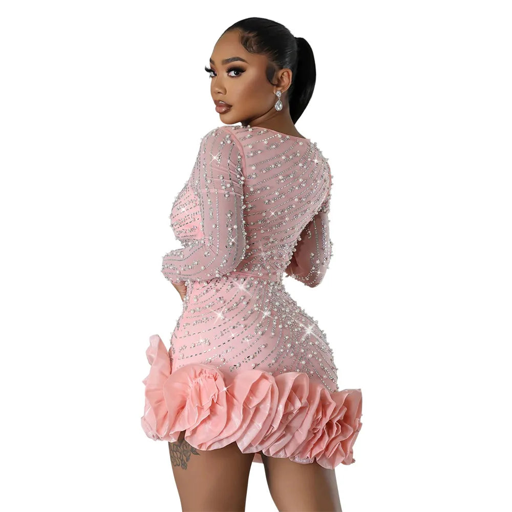 Women Dress Diamonds and  Ruffles Mini Dresses