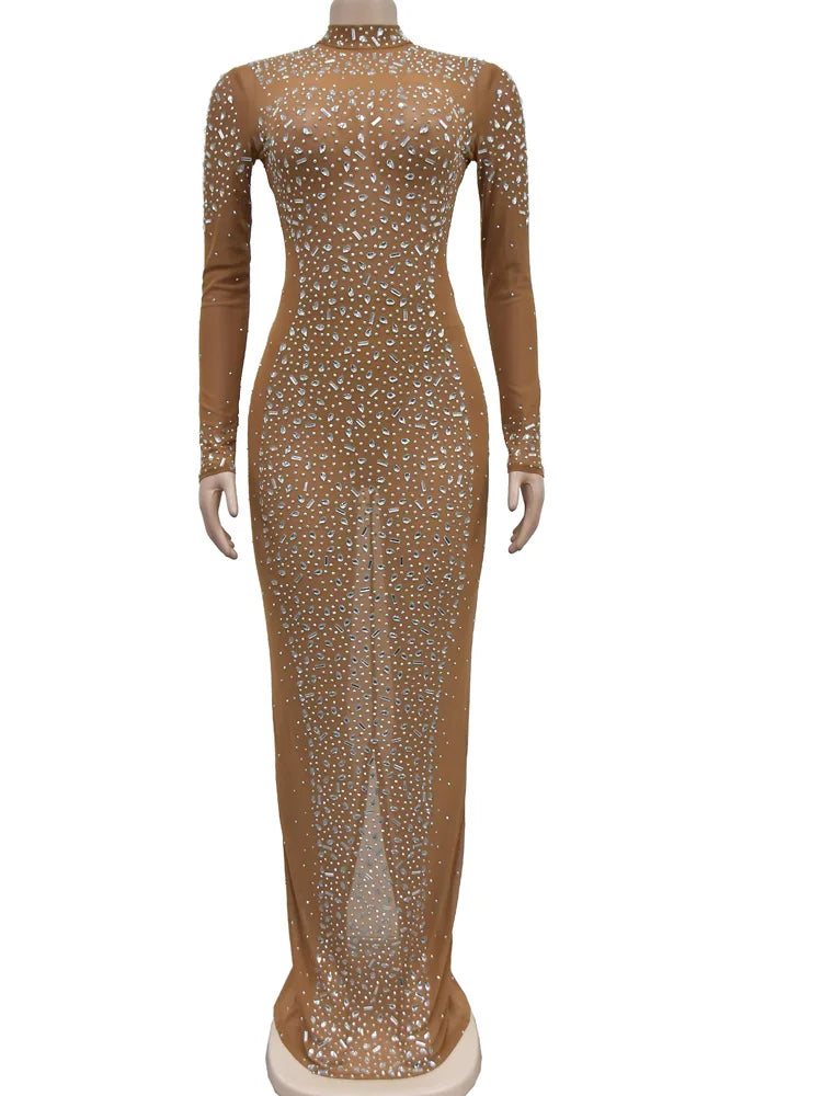 Women's Silver Rhinestones Maxi Dress