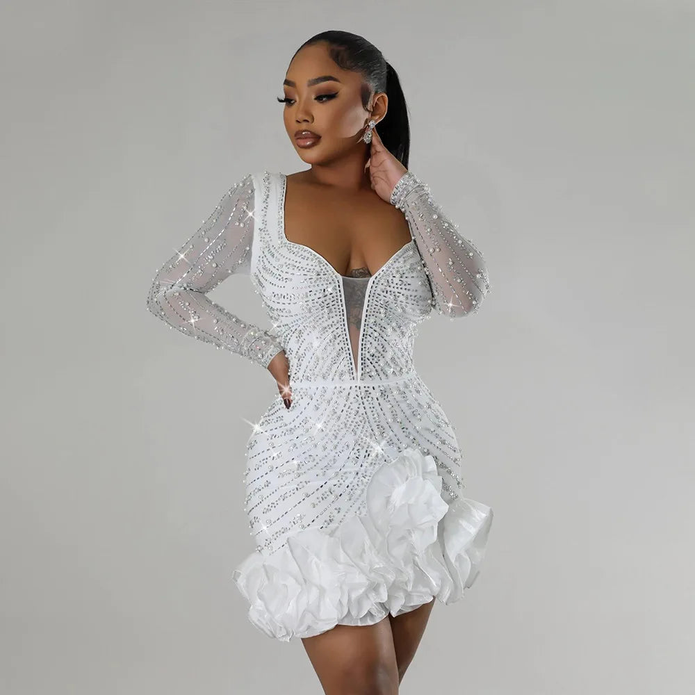 Women Dress Diamonds and  Ruffles Mini Dresses