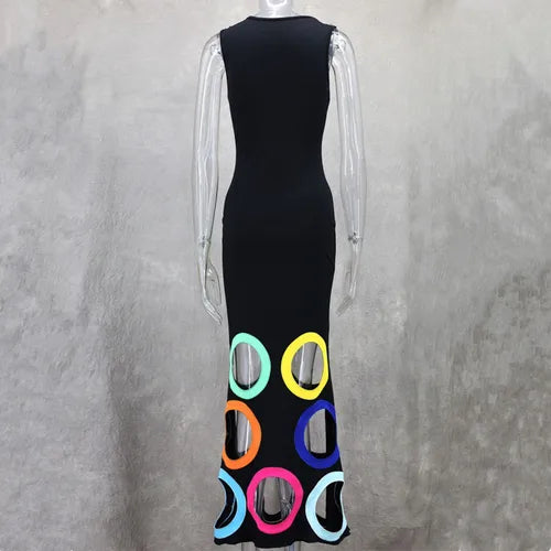 African Fashion Colorful Hollow Out Summer Dress Women Elegant Round Neck Slim Club Party Dresses Sleeveless Long Dress