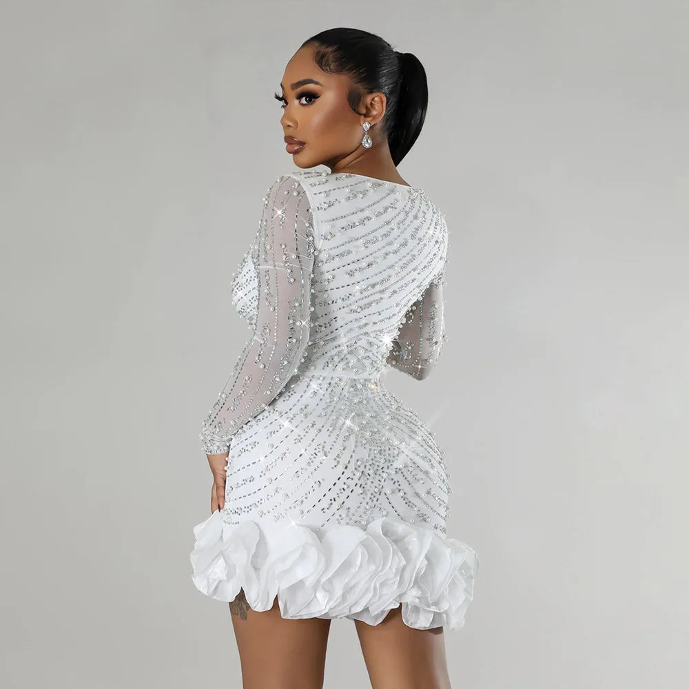 Women Dress Diamonds and  Ruffles Mini Dresses