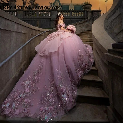 EVLAST 2024 Pink Quinceanera Dress Ball Gown Shiny 3D Floral Applique Beading Tiered Corset Sweet 16 Vestidos De XV 15 Anos SQ88