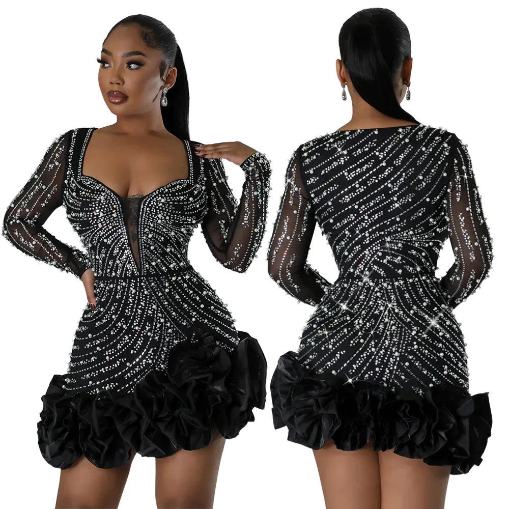 Women Dress Diamonds and  Ruffles Mini Dresses