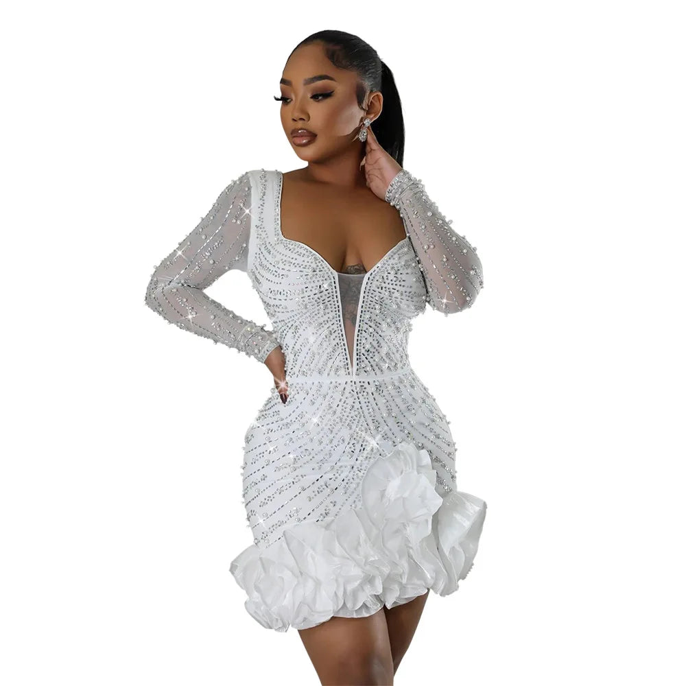 Women Dress Diamonds and  Ruffles Mini Dresses