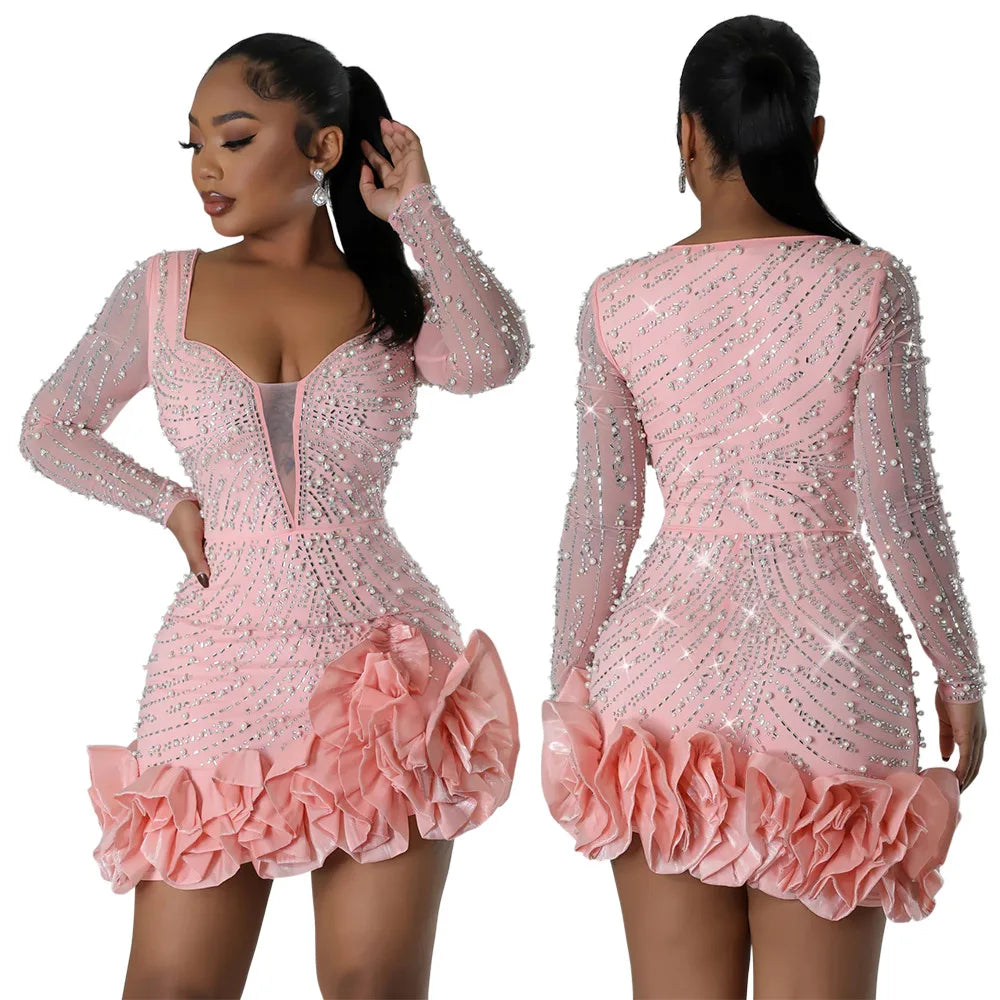 Women Dress Diamonds and  Ruffles Mini Dresses