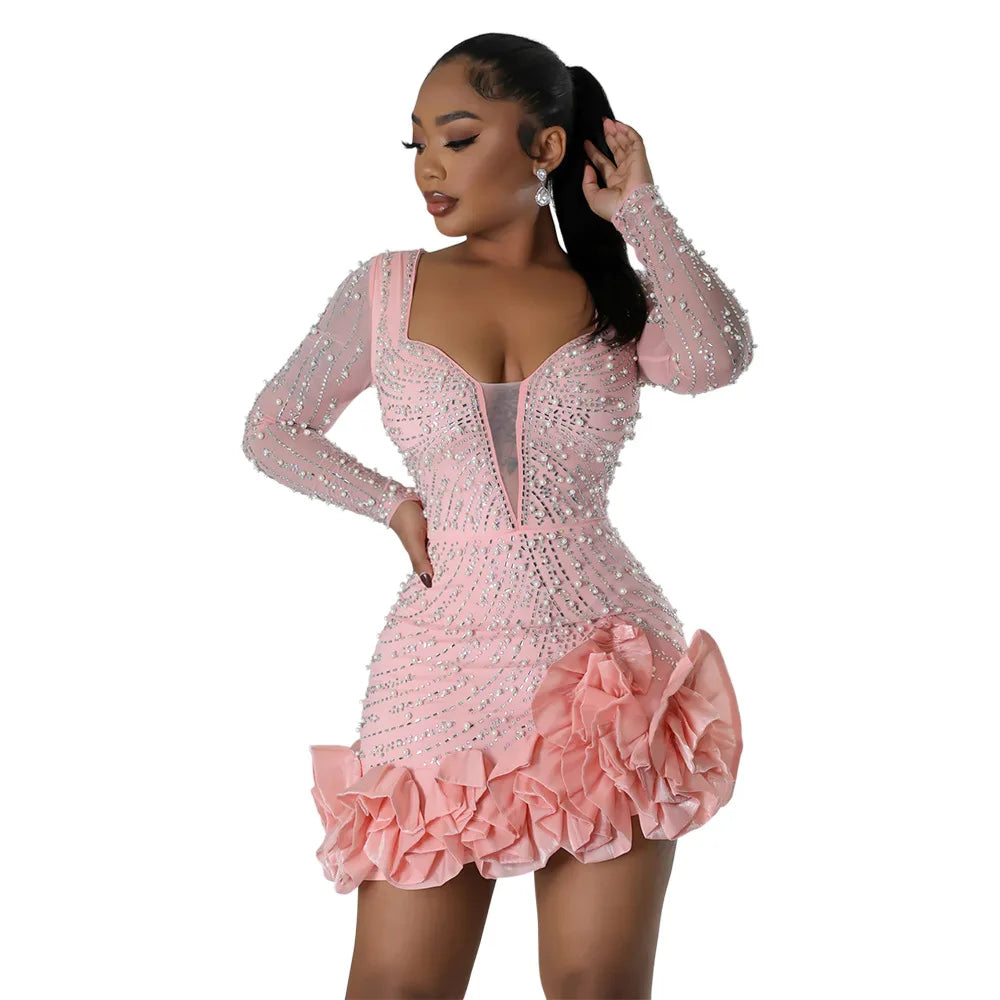 Women Dress Diamonds and  Ruffles Mini Dresses