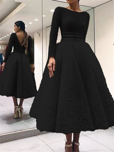 Elegant Bige Color Unique Lace Cocktail Dresses Full Sleeves V-Back Tea-Length Prom Gowns Robe De Soiree Champagne Party Dresses