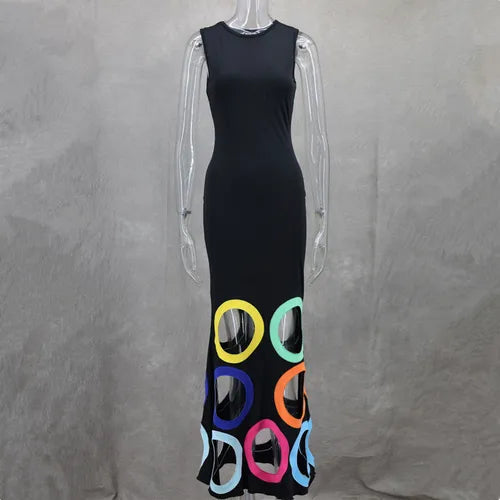 African Fashion Colorful Hollow Out Summer Dress Women Elegant Round Neck Slim Club Party Dresses Sleeveless Long Dress