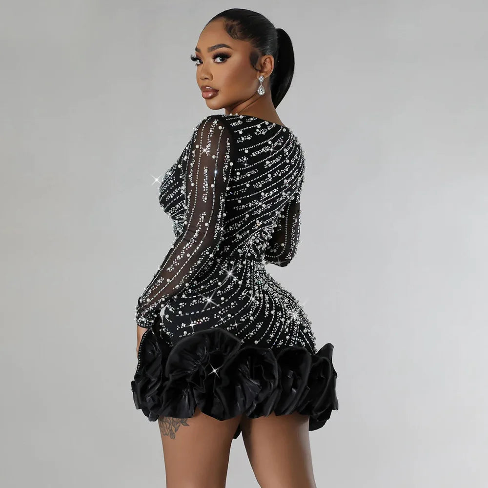 Women Dress Diamonds and  Ruffles Mini Dresses