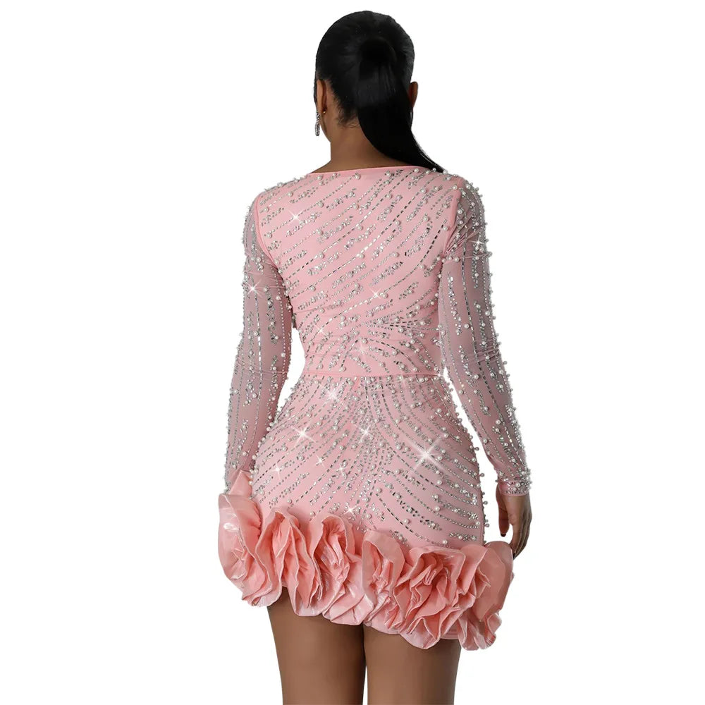 Women Dress Diamonds and  Ruffles Mini Dresses