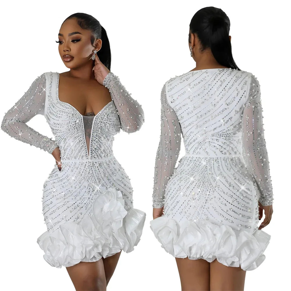 Women Dress Diamonds and  Ruffles Mini Dresses