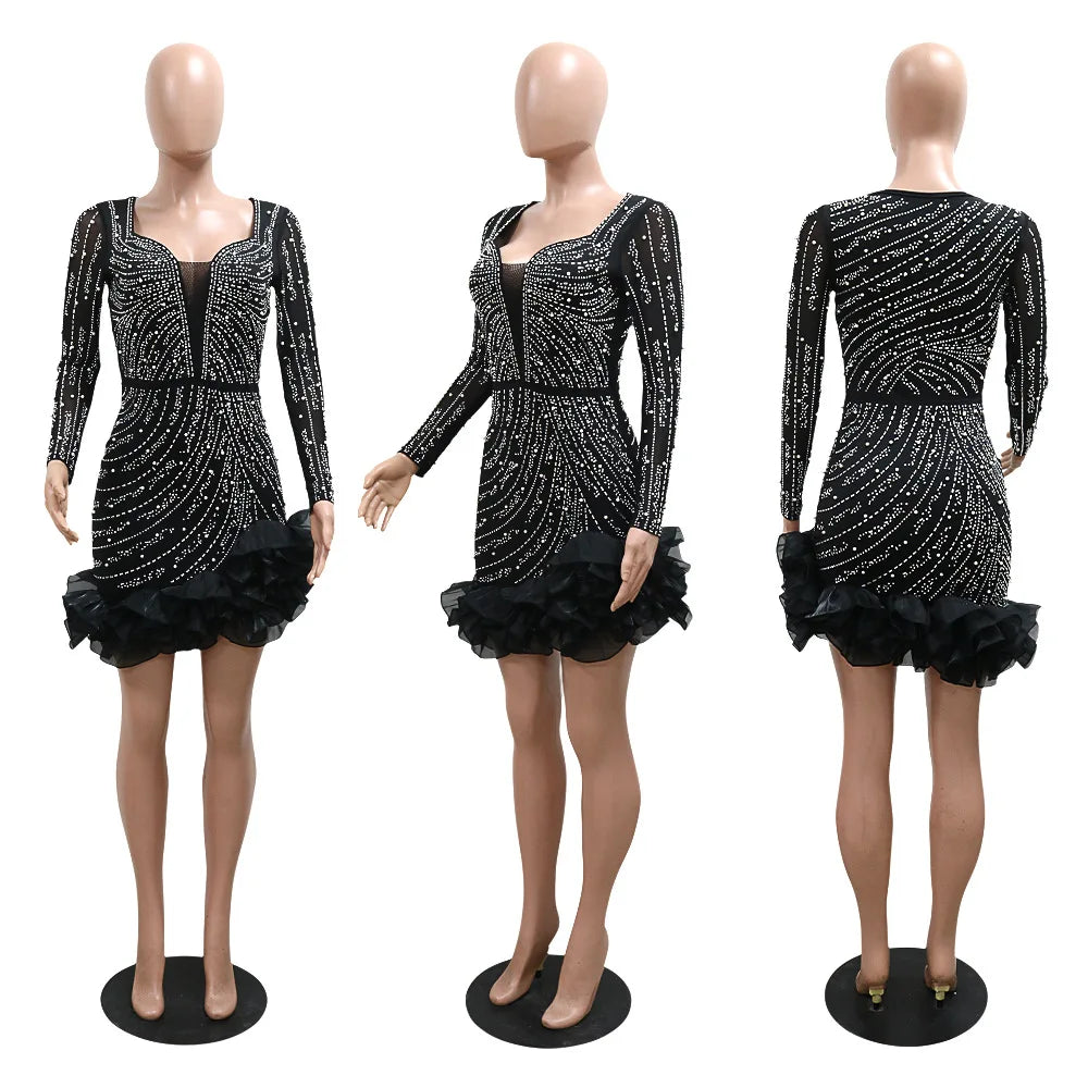 Women Dress Diamonds and  Ruffles Mini Dresses