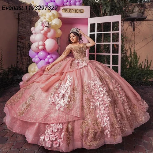 EVLAST Pink Sweetheart Shiny Quinceanera Dress 2024 Ball Gown Crystal Flowers Beaded Party Sweet 16 Vestidos De 15 Años  TQD842