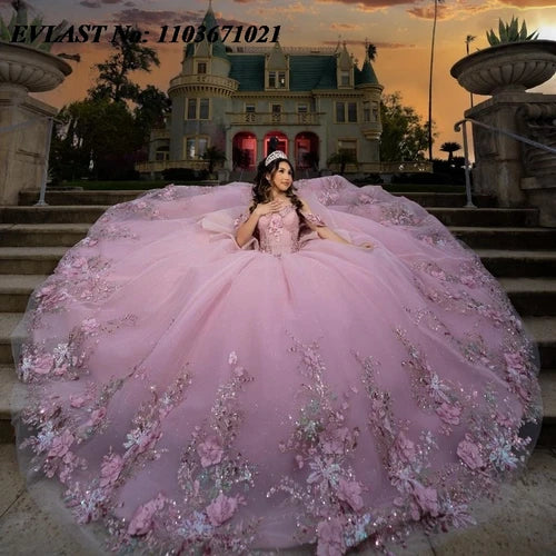 EVLAST 2024 Pink Quinceanera Dress Ball Gown Shiny 3D Floral Applique Beading Tiered Corset Sweet 16 Vestidos De XV 15 Anos SQ88