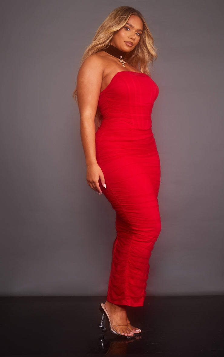 Shape Red Mesh Corset Bandeau Maxi Dress