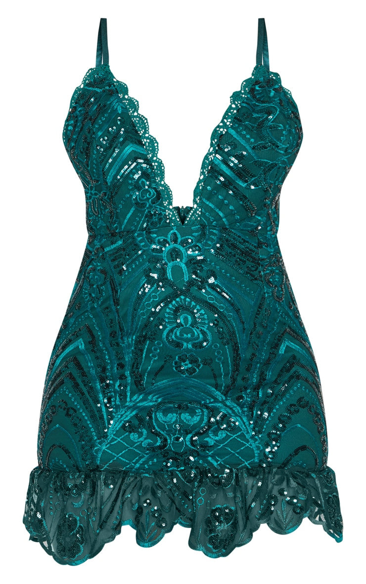 Emerald Green Sequin Lace Frill Hem Bodycon Dress