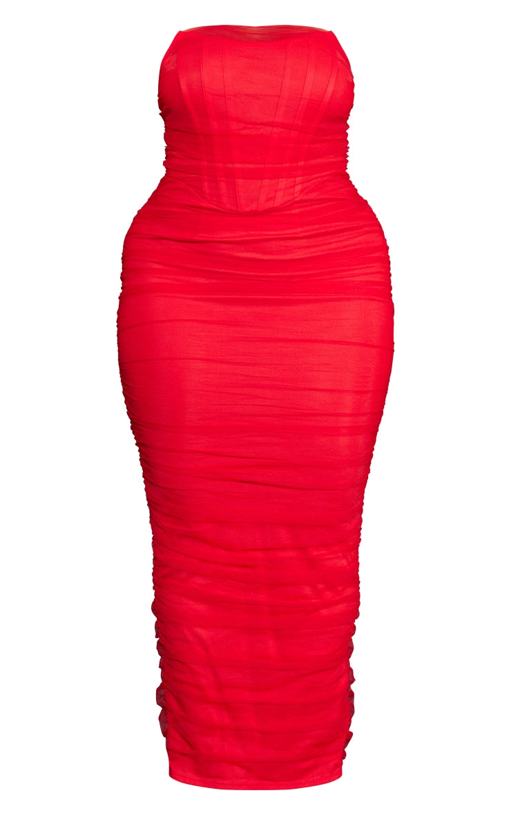 Shape Red Mesh Corset Bandeau Maxi Dress